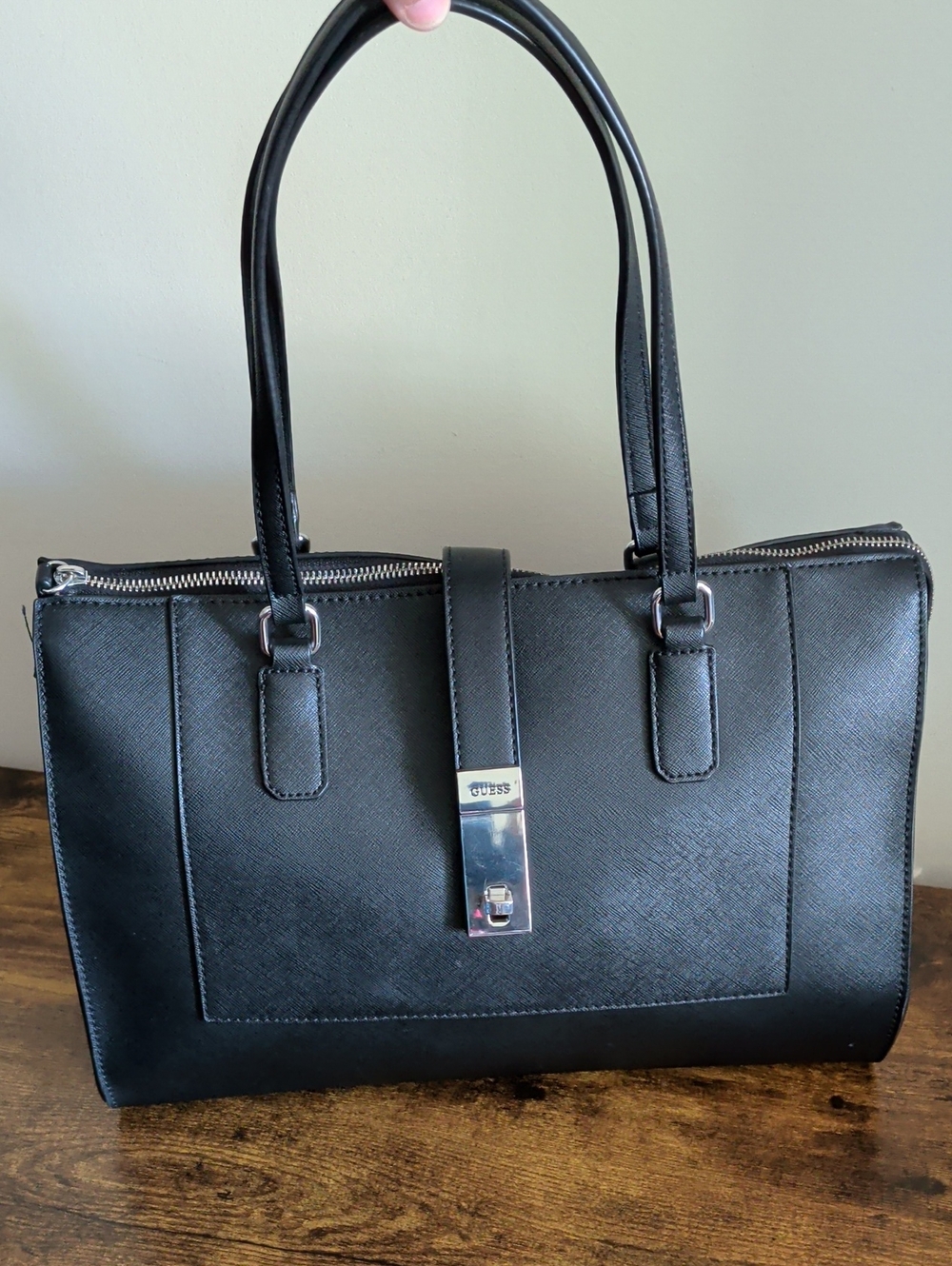 GUESS Black Leather Satchel with Silver Hardware
